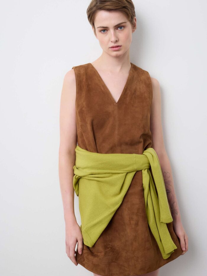 STEFANEL Sleeveless genuine leather slim fit dress with V-neck Brown - Image 3