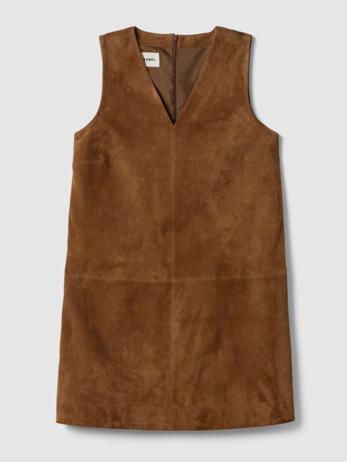 STEFANEL Sleeveless genuine leather slim fit dress with V-neck Brown - Image 5