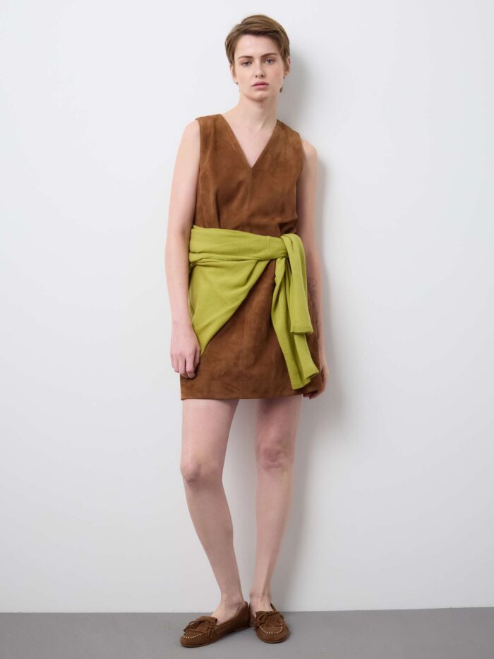 STEFANEL Sleeveless genuine leather slim fit dress with V-neck Brown - Image 2