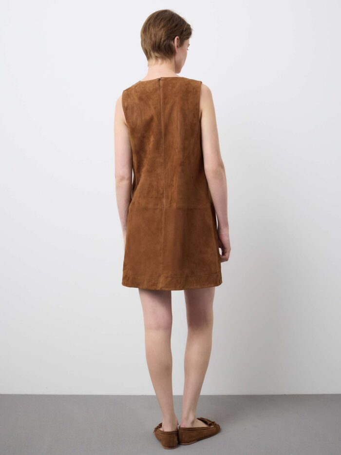 STEFANEL Sleeveless genuine leather slim fit dress with V-neck Brown - Image 4