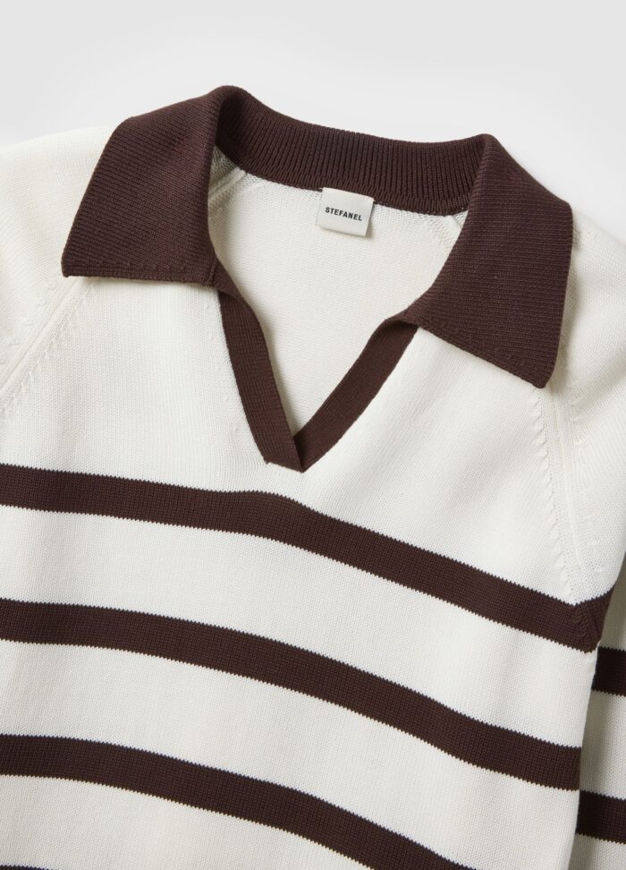 STEFANEL striped pure cotton sweater with polo collar and regular fit White/brown - Image 7