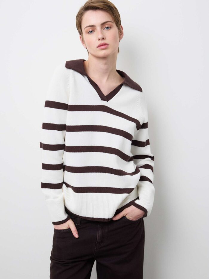 STEFANEL striped pure cotton sweater with polo collar and regular fit White/brown - Image 2