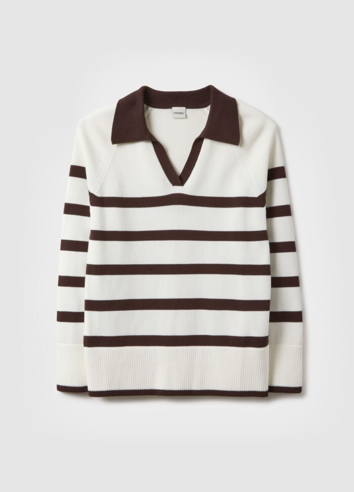 STEFANEL striped pure cotton sweater with polo collar and regular fit White/brown - Image 5