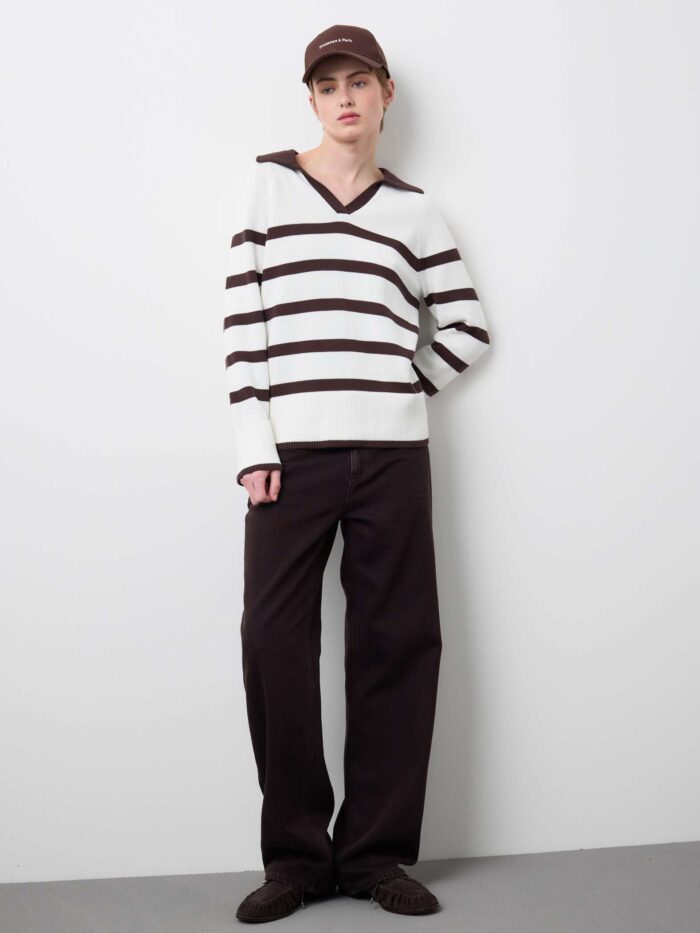 STEFANEL striped pure cotton sweater with polo collar and regular fit White/brown - Image 3