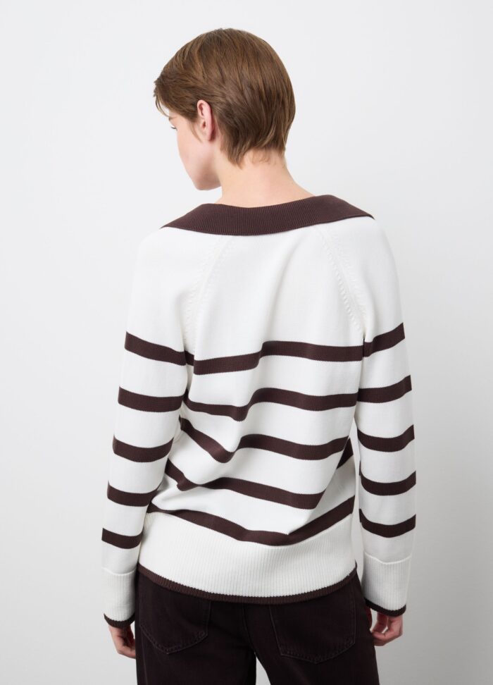 STEFANEL striped pure cotton sweater with polo collar and regular fit White/brown - Image 4