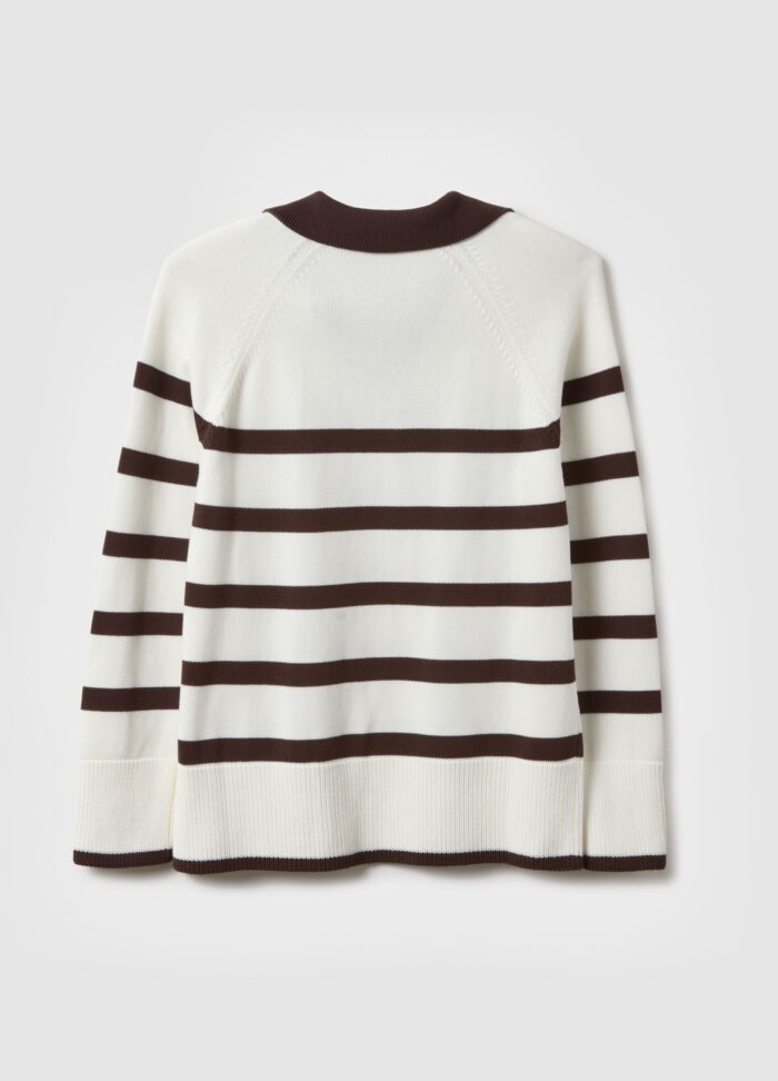 STEFANEL striped pure cotton sweater with polo collar and regular fit White/brown - Image 6