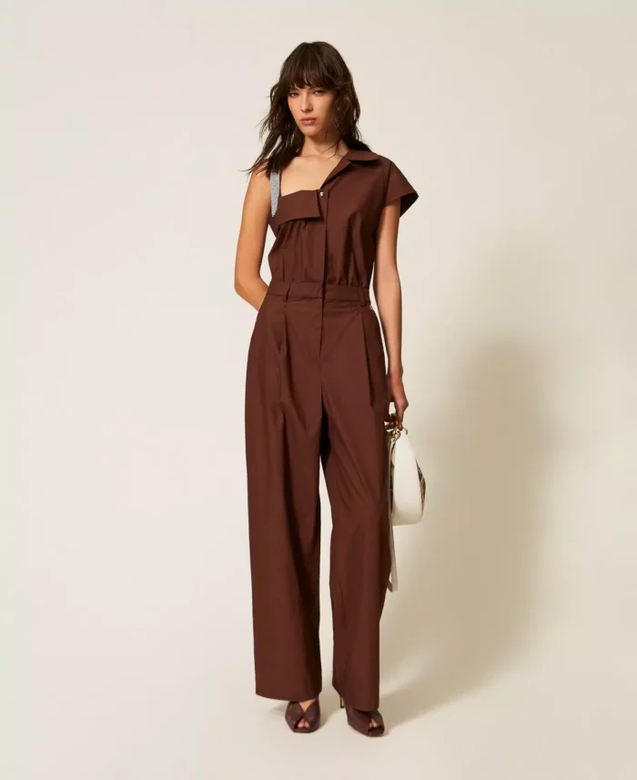 ACTITUDE Recycled poplin one shoulder jumpsuit Chocolate - Image 2