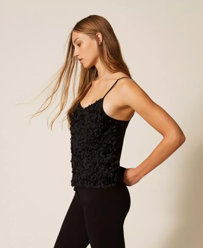 ACTITUDE Crêpe de Chine and tulle top with flowers Black - Image 3