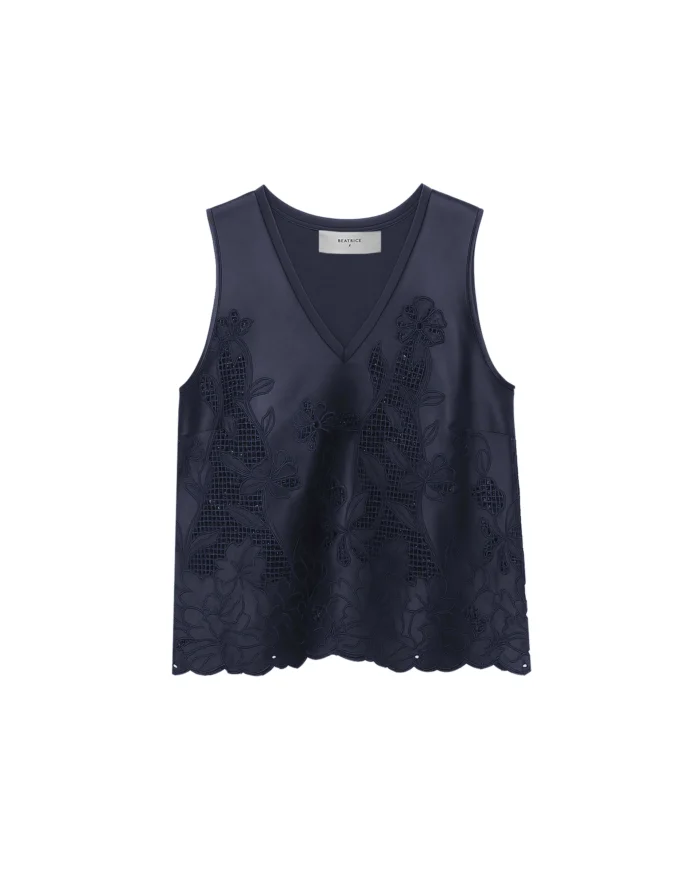 BEATRICE Satin top with floral embroidery Dark blue - Image 4