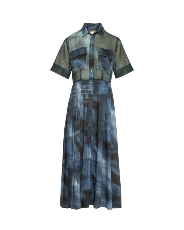 BEATRICE Printed pleated shirt dress  Blue - Image 4