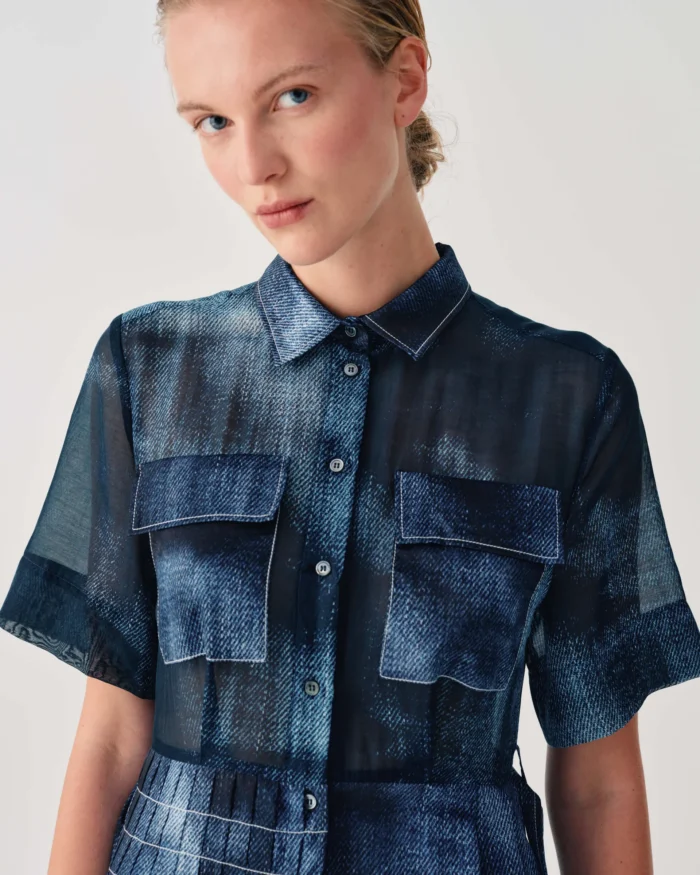 BEATRICE Printed pleated shirt dress  Blue - Image 2