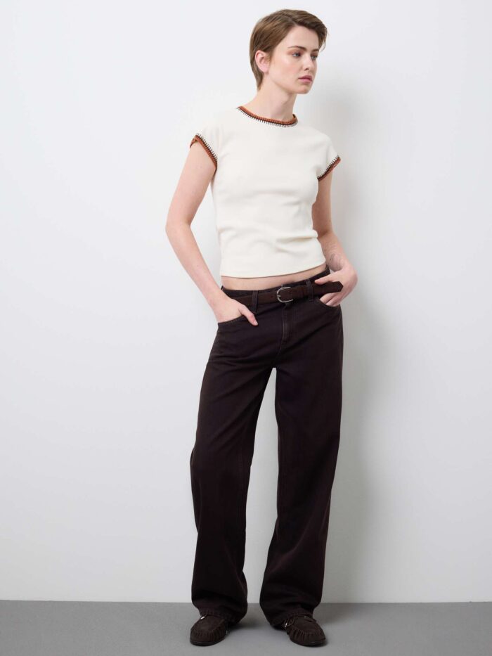 STEFANEL Regular fit viscose blend sleeveless T-shirt with seams Beige - Image 3