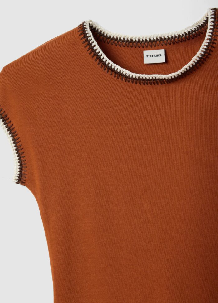 STEFANEL Regular fit viscose blend sleeveless T-shirt with stitching Brown - Image 5