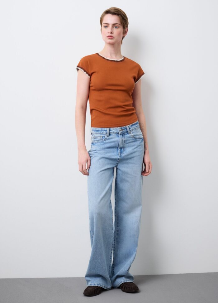 STEFANEL Regular fit viscose blend sleeveless T-shirt with stitching Brown - Image 3