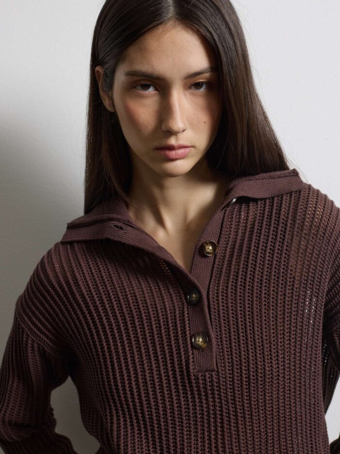 STEFANEL Regular fit pure cotton sweater with mesh texture Brown - Image 2
