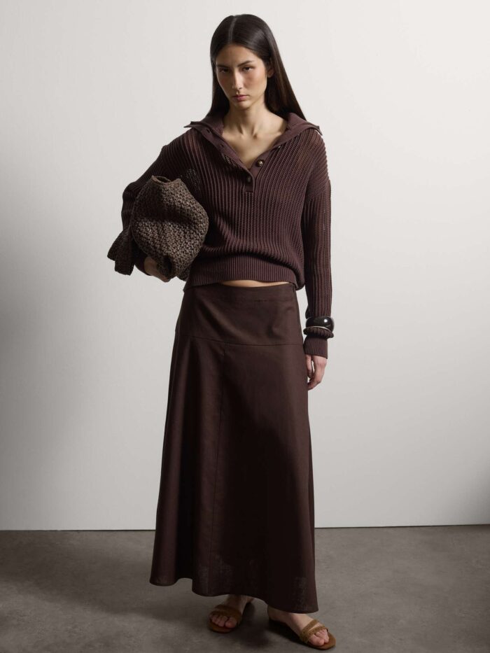 STEFANEL Regular fit pure cotton sweater with mesh texture Brown - Image 3