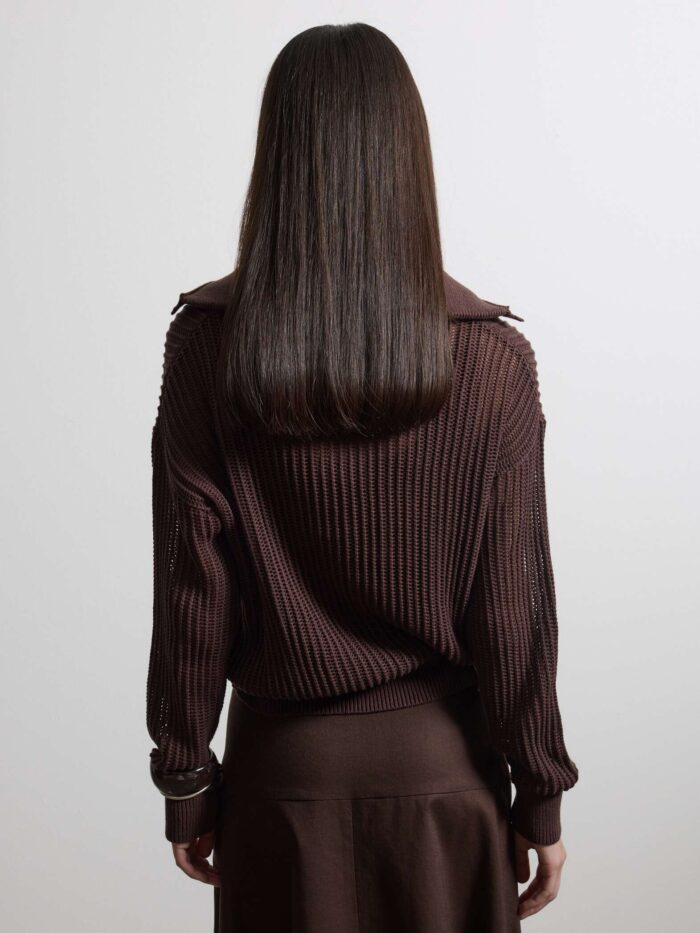 STEFANEL Regular fit pure cotton sweater with mesh texture Brown - Image 5