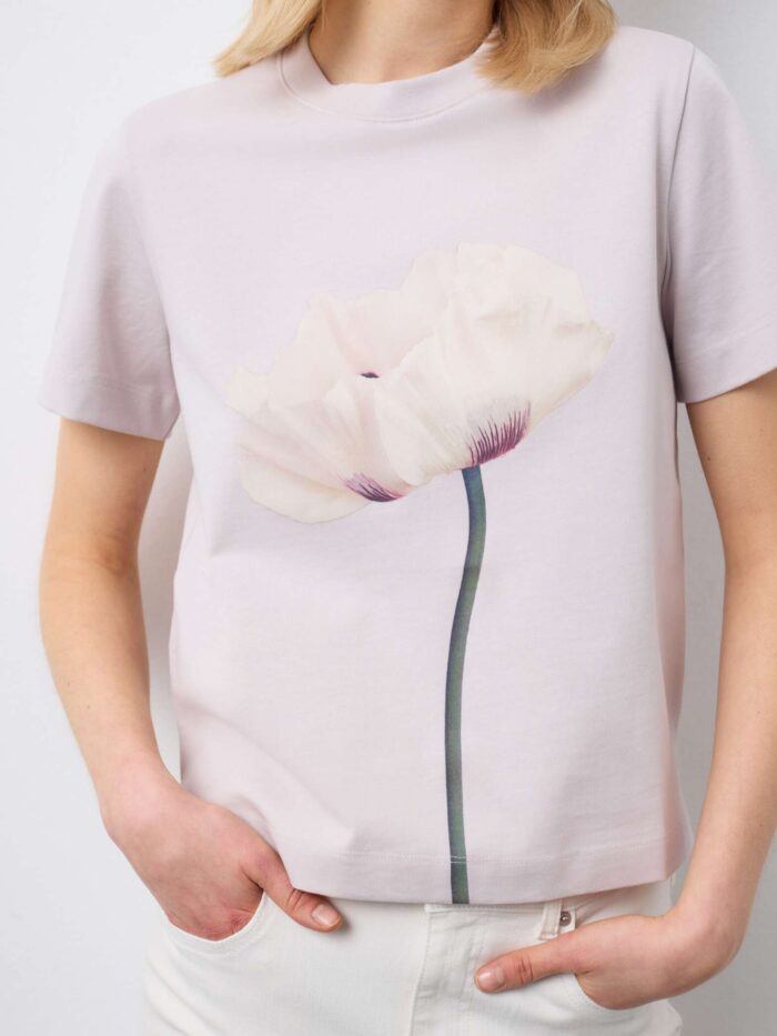 STEFANEL Regular fit crew neck cotton T-shirt with floral design Pastel Pink - Image 2