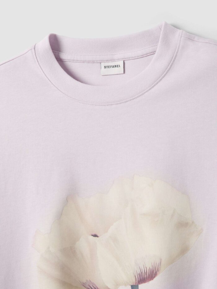 STEFANEL Regular fit crew neck cotton T-shirt with floral design Pastel Pink - Image 3