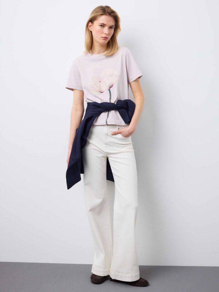 STEFANEL Regular fit crew neck cotton T-shirt with floral design Pastel Pink - Image 5