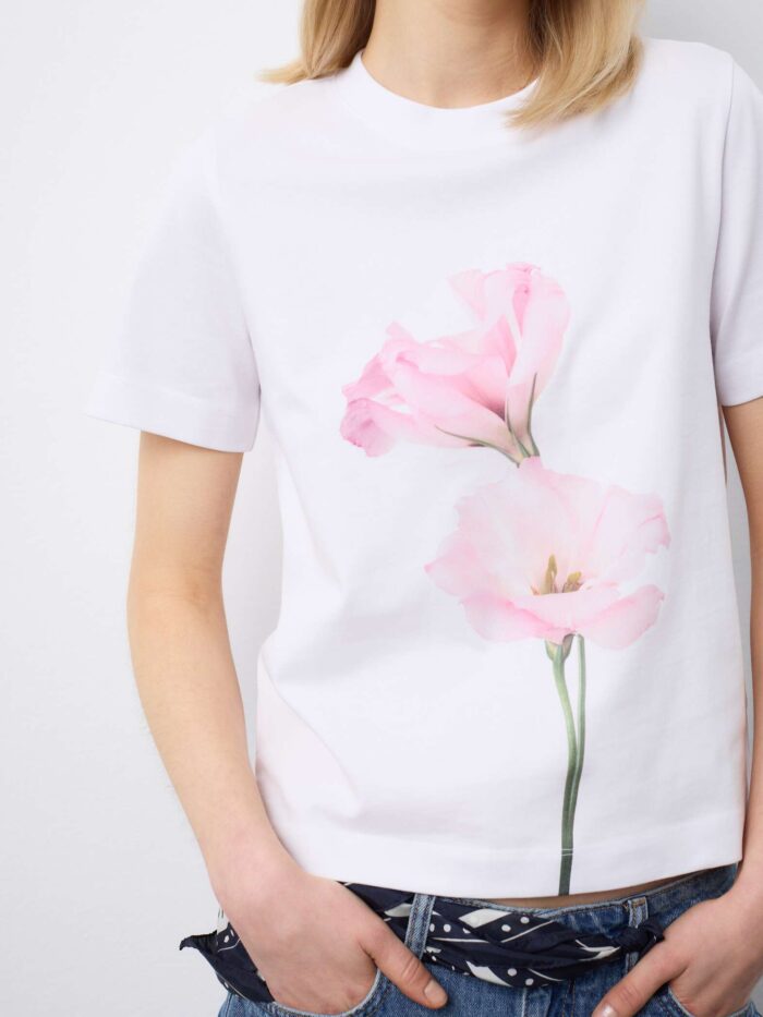 STEFANEL regular-fit pure cotton crew neck T-shirt with flowers White - Image 2