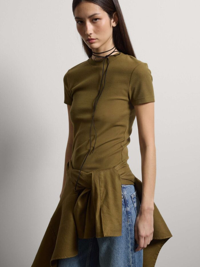 STEFANEL Short-sleeve fitted t-shirt in stretch cotton, Khaki - Image 2