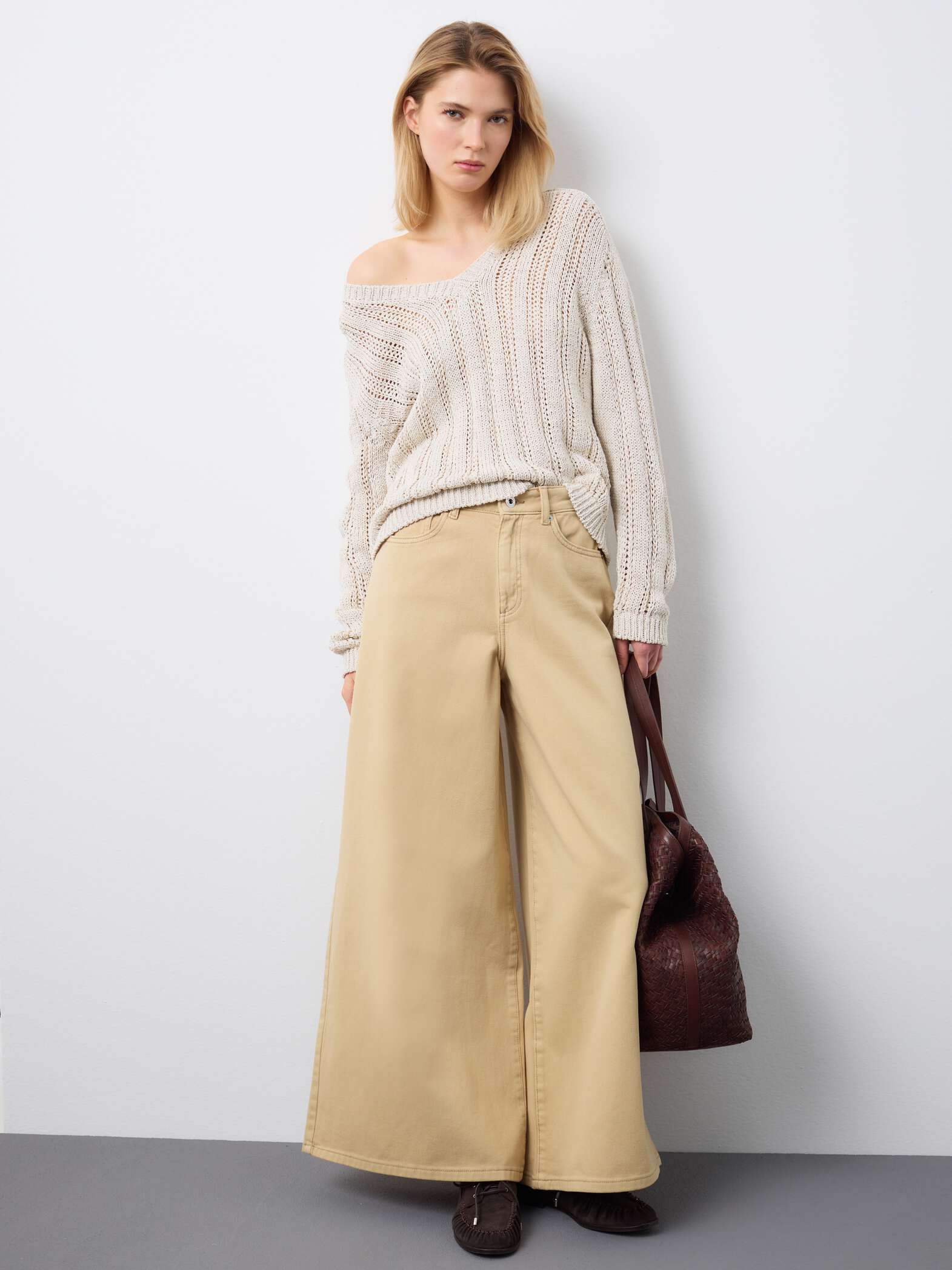 003570710_SL STEFANEL wide-leg regular fit pure cotton denim bell-bottom jeans Beige - Image 1