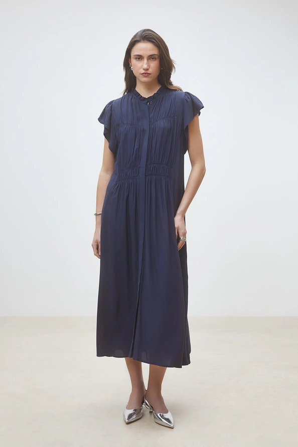 00W005676A SUNCOO Coco Long flowing dress with gathers Blue - Image 1