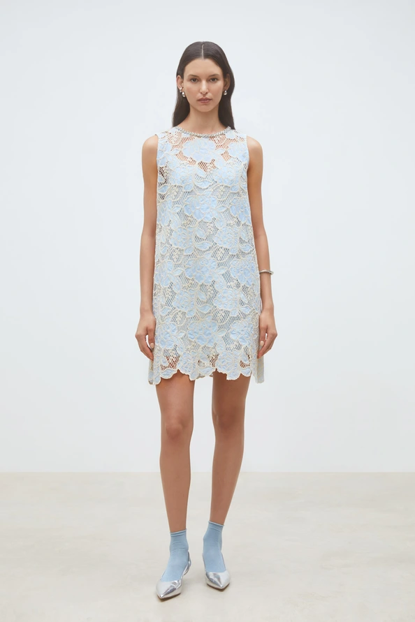 00W005846A SUNCOO Cerise Short two-tone guipure lace dress Ciel - Image 1