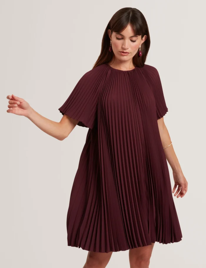 TED BAKER CONVALA Pleated Short Sleeve A-Line Mini Dress OXBLOOD - Image 3
