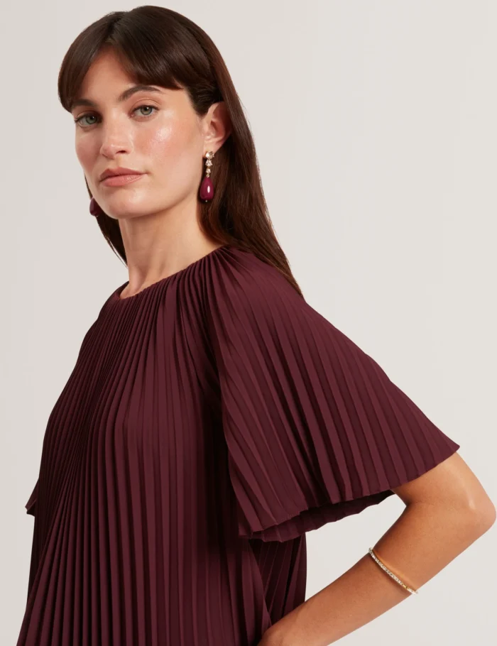 TED BAKER CONVALA Pleated Short Sleeve A-Line Mini Dress OXBLOOD - Image 4
