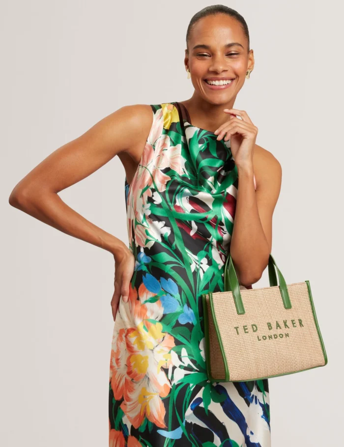 TED BAKER Raffia PU Trim Small Icon Tote Bag Green - Image 5