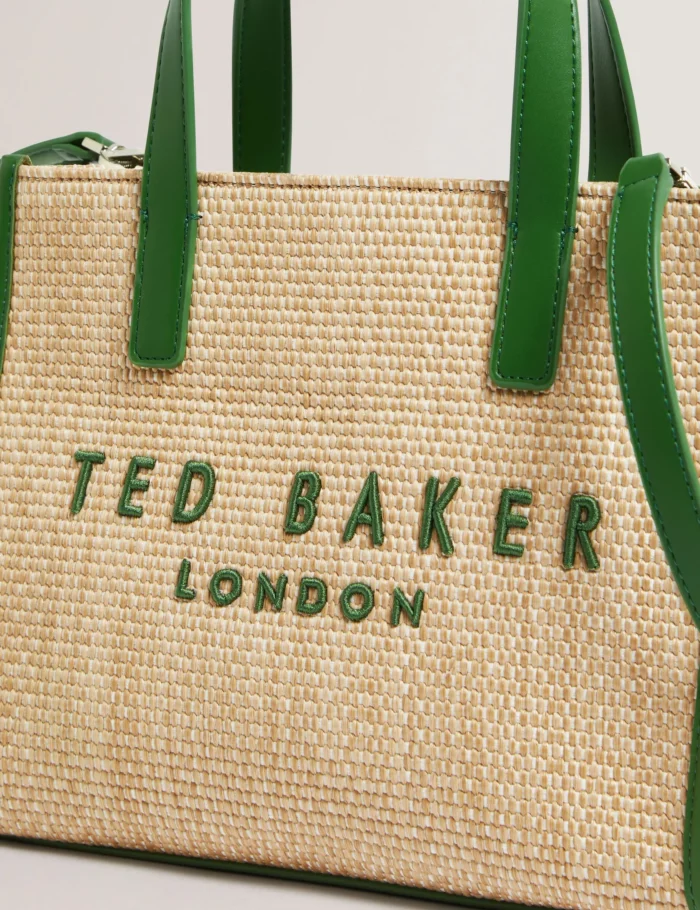 TED BAKER Raffia PU Trim Small Icon Tote Bag Green - Image 2