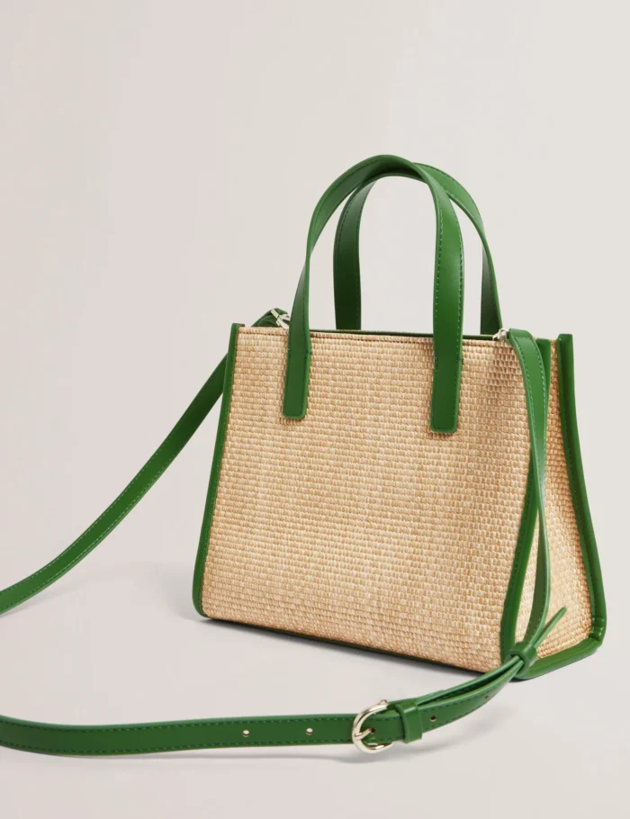 TED BAKER Raffia PU Trim Small Icon Tote Bag Green - Image 3