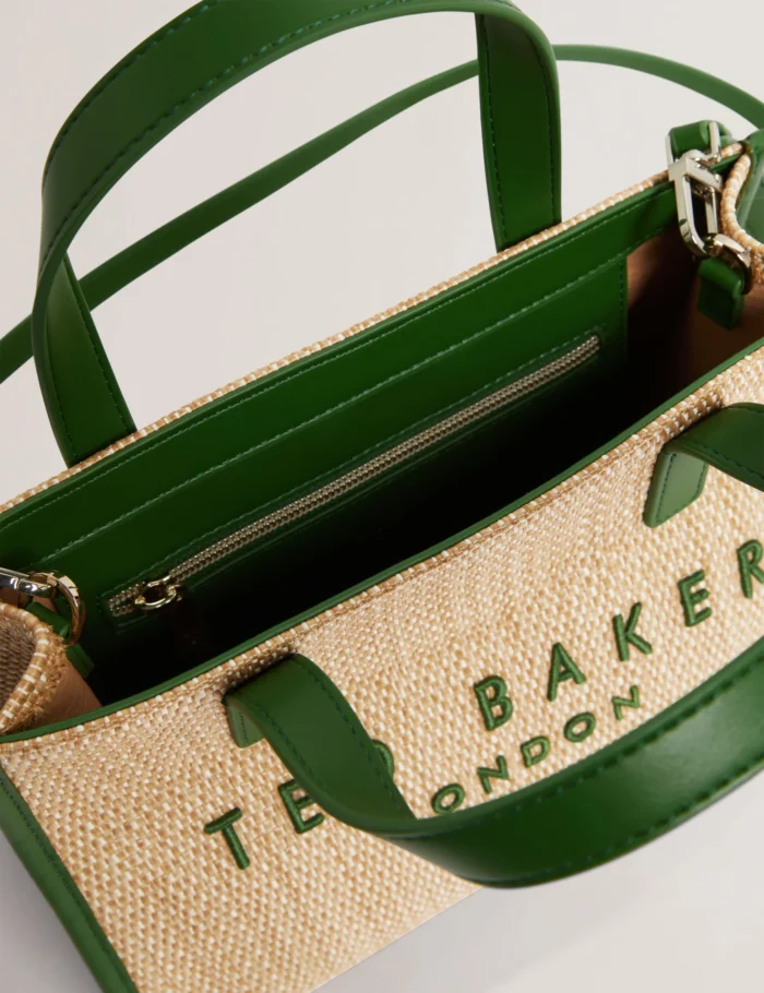 TED BAKER Raffia PU Trim Small Icon Tote Bag Green - Image 4