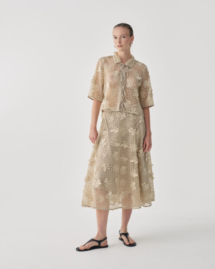 BEATRICE Embroidered Lace Midi Skirt Beige - Image 3