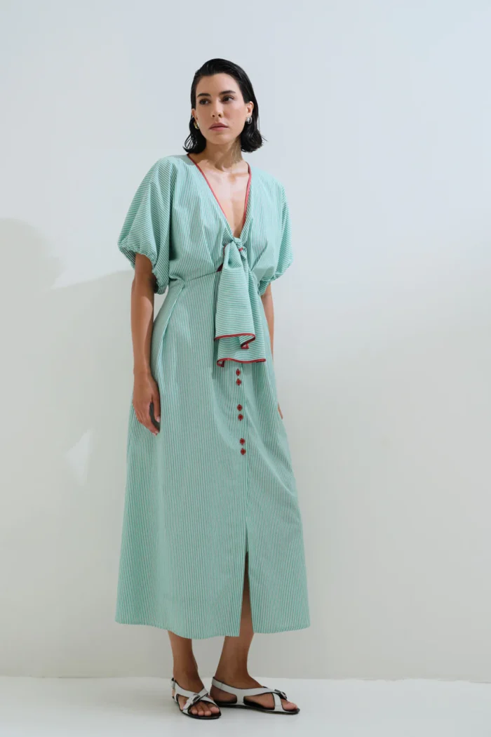 CHICARD Striped dress with tie Green - Image 3