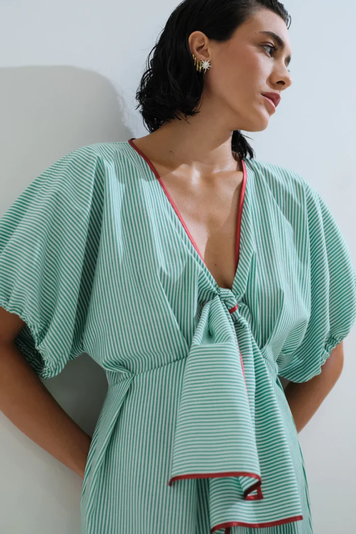 CHICARD Striped dress with tie Green - Image 2