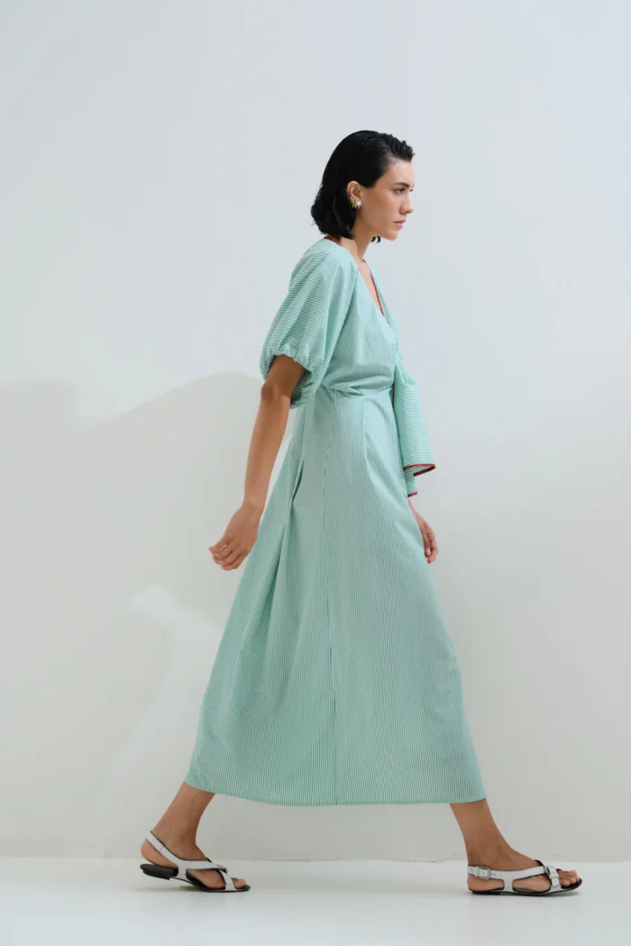 CHICARD Striped dress with tie Green - Image 4