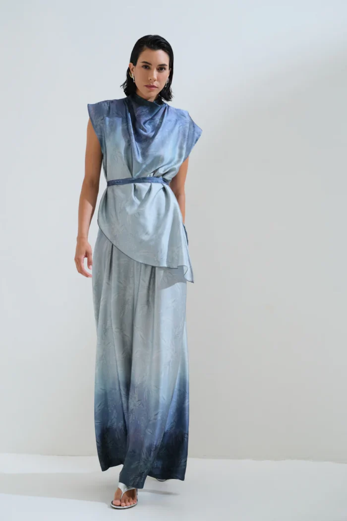 CHICARD Draped blouse with belt Blue - Image 4