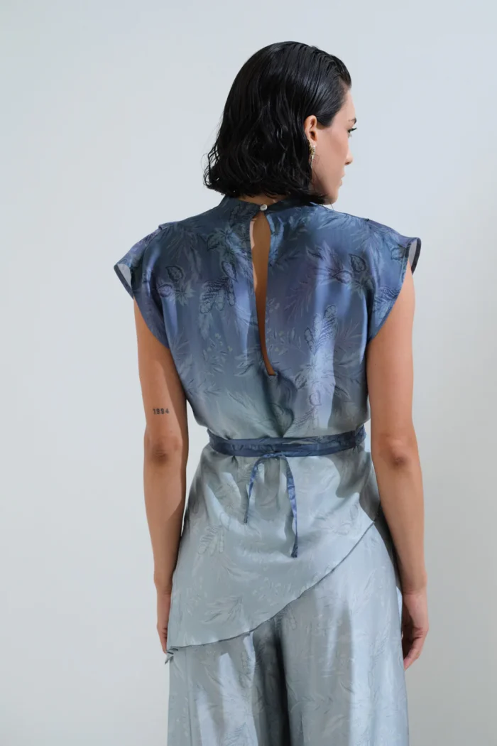 CHICARD Draped blouse with belt Blue - Image 3
