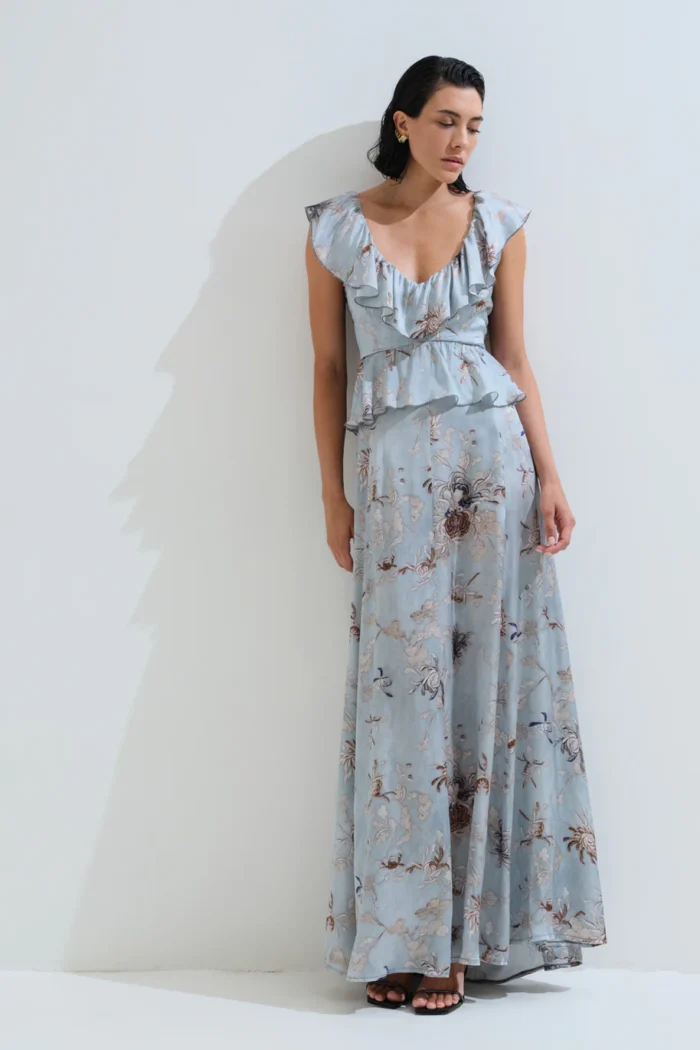 CHICARD Long dress with tie back Soft blue - Image 4