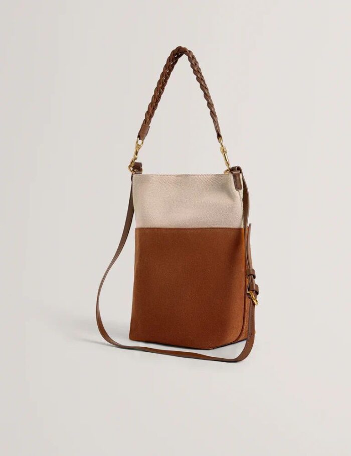TED BAKER Sorien Woven Handle Medium Bucket Bag Tan - Image 2