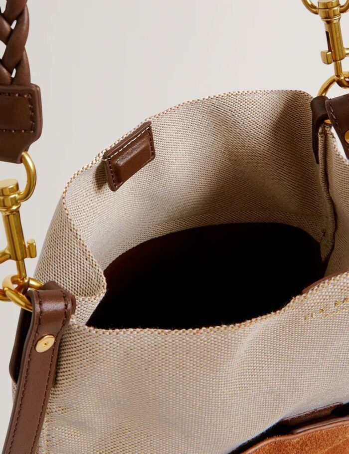 TED BAKER Sorien Woven Handle Medium Bucket Bag Tan - Image 3