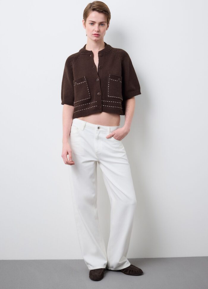 STEFANEL Regular fit cotton blend cardigan with pockets Brown - Image 3