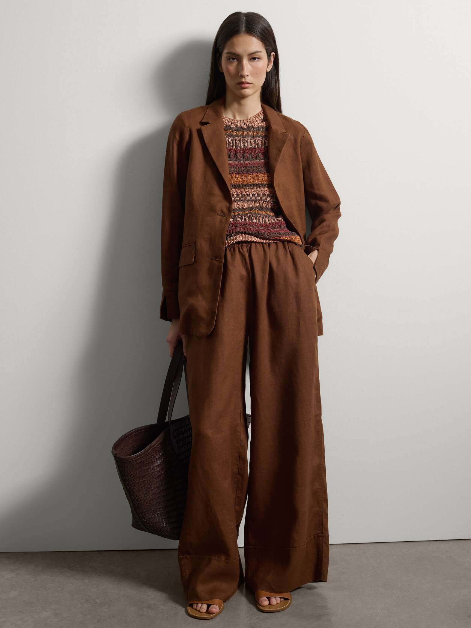 003570282_SL STEFANEL Wide-leg pure linen joggers Brown - Image 1