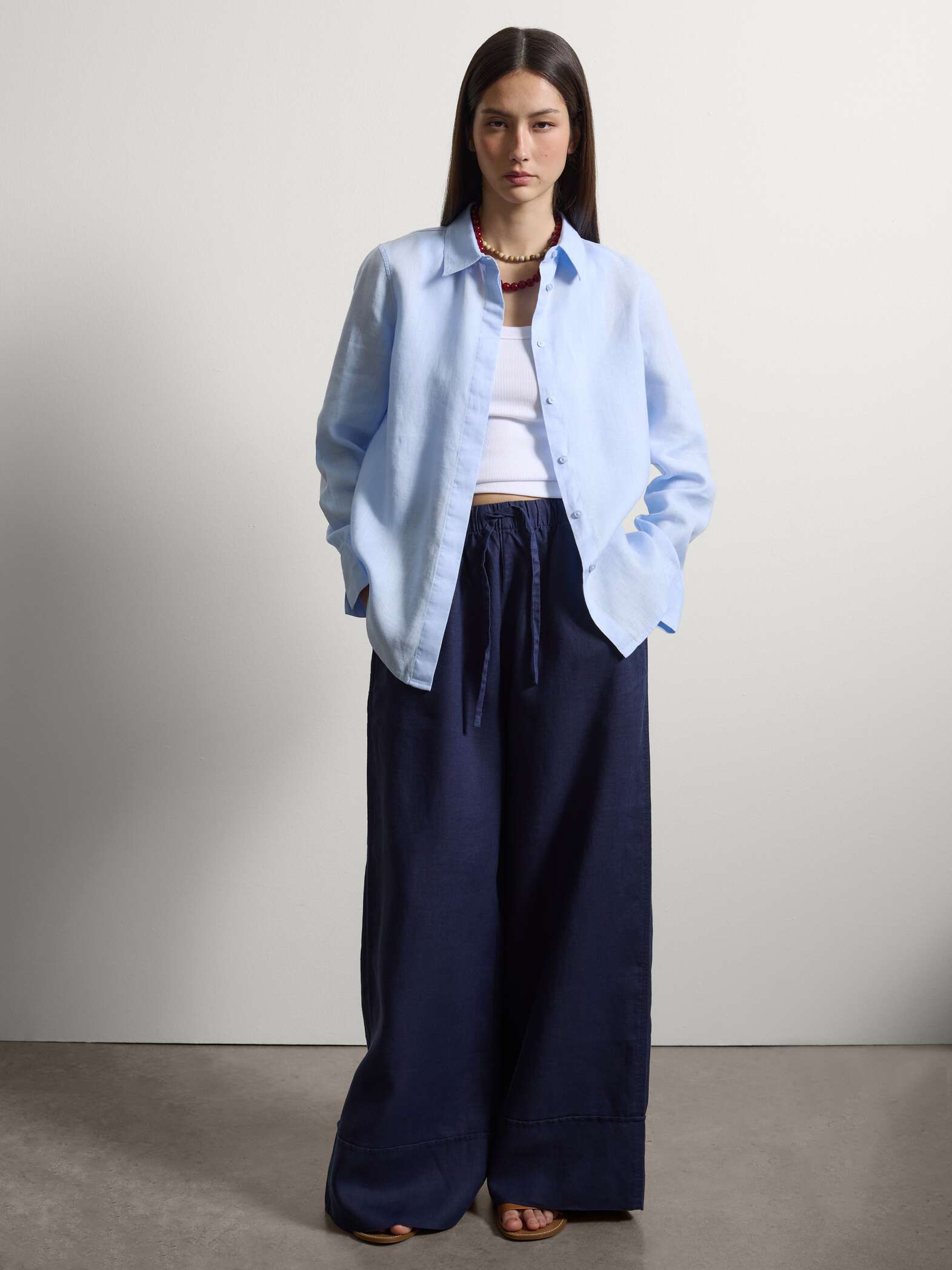 003570297_SL STEFANEL Wide-leg pure linen joggers Blue - Image 1