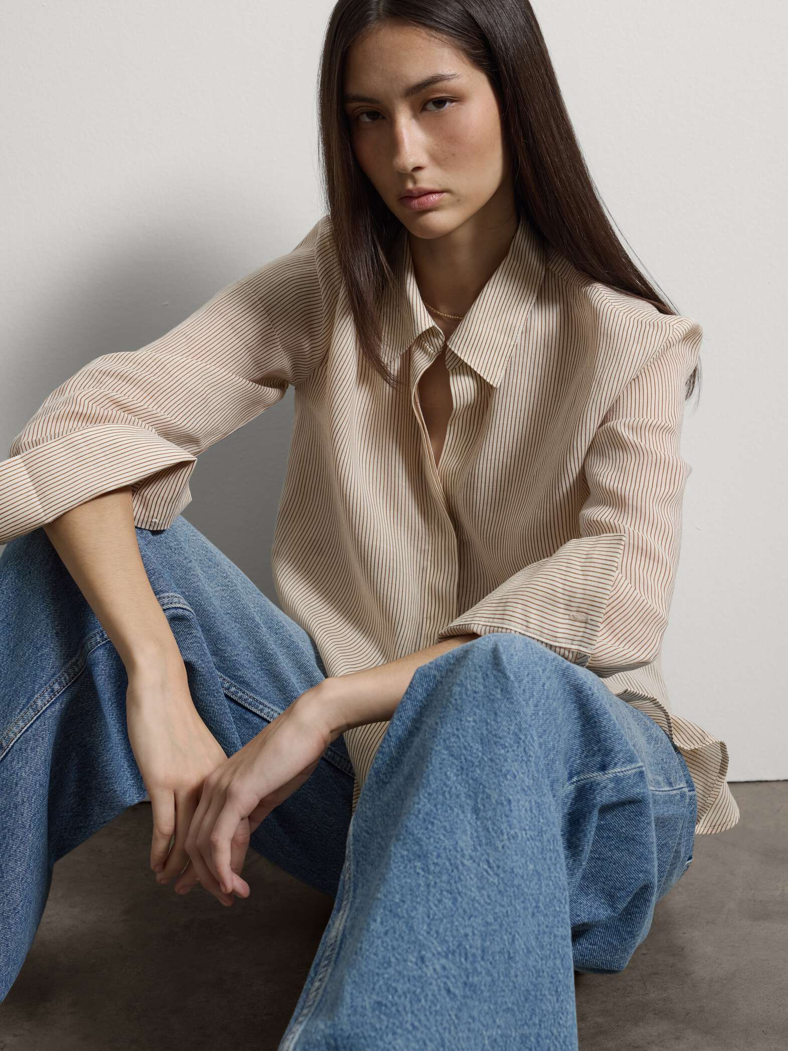 003570314_SD1 STEFANEL Regular fit long-sleeved shirt in ramie with stripes Beige - Image 1