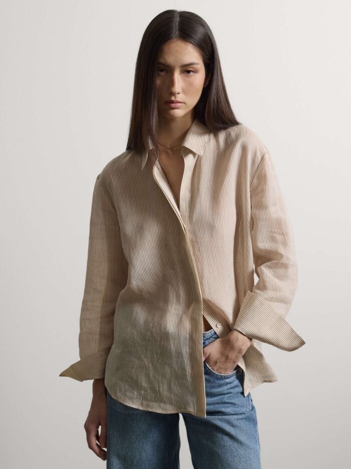 STEFANEL Regular fit long-sleeved shirt in ramie with stripes Beige - Image 2