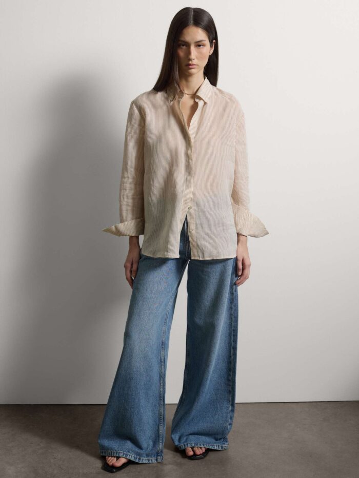 STEFANEL Regular fit long-sleeved shirt in ramie with stripes Beige - Image 3